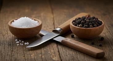 A wooden table with two bowls of salt and pepper photo