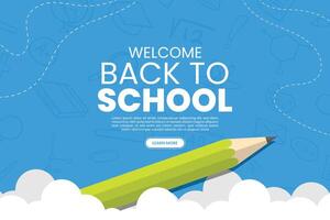 Back to School banner with supplies on the blue background. vector