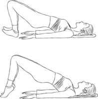 Shoulder bridge pose, Woman outline illustration, yoga and pilates exercise. vector