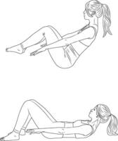 Hundred exercise pose, yoga and pilates exercise, Woman outline illustration. vector