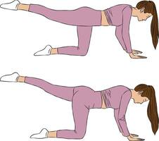 Glute kick back pose, yoga and Pilates exercise, Woman illustration. vector