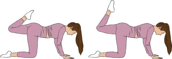 Glute kick back pose, Woman illustration, yoga and Pilates exercise. vector