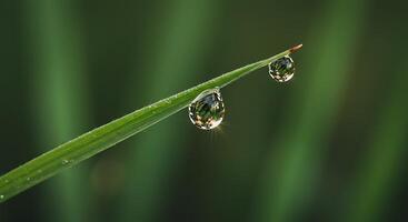Two drops of water on a blade of grass photo