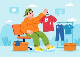 Boy shopping for clothes with discounts vector