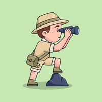 Explorer using binoculars on rock vector