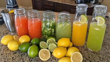 Freshly Made Citrus and Cucumber Drinks with Whole Fruits. photo