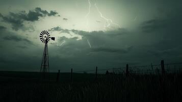 Lone Windmill Endures Fierce Storm with Lightning Strikes Overhead. photo