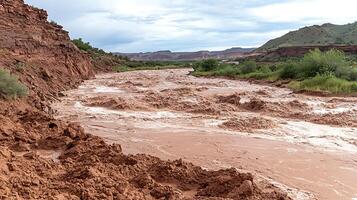 Powerful Muddy River Rushing Through Rugged Desert Landscape. photo