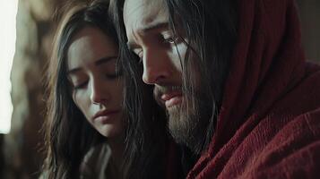 A Tender Moment Shared Sorrow and Strength Between Two People. photo