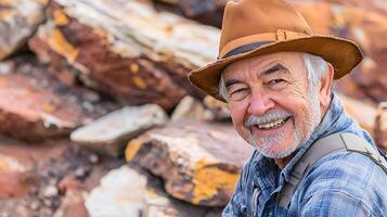Happy Adventurous Old Man Smiling In The Sun With A Hat And Backpack. photo