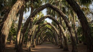 Walkway Through Arches of Natural Palm Trees in a Lush Green Park. photo