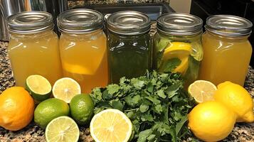 Fresh Citrus and Herb Infusions in Jars for Healthy Drinks. photo