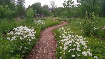 Serene Winding Garden Path Through Blooming White Flowers. photo