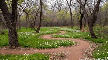 Serene Winding Path Through Spring Forest Covered in White Flowers. photo