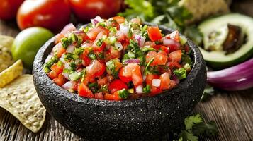 Fresh Salsa and Tortilla Chips Ready for Dipping on a Rustic Table. photo