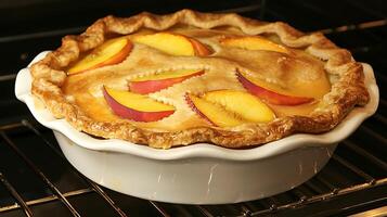 Golden Peach Pie Freshly Baked in a White Pie Dish. photo