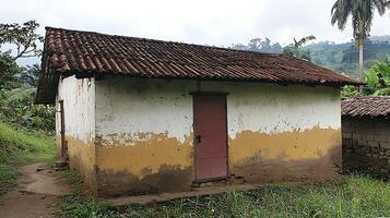 Rustic Mud Brick House with Tile Roof in Lush Green Landscape. photo