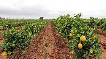 Rows of ripe yellow lemons on trees in a sunny orchard field. photo
