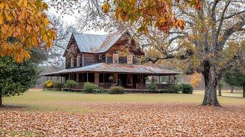Old Farmhouse Surrounded by Autumn Leaves and Trees. photo