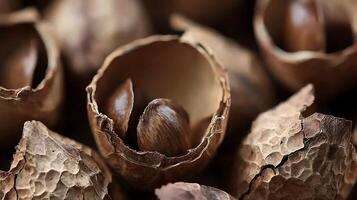 Macro View of Dry Seed Shells and Edible Seeds Inside. photo