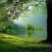 Serene Lake Scene with Sunlight Through Lush Green Trees and Grass photo
