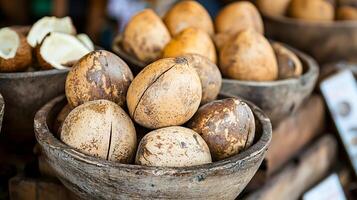 Rustic Wooden Bowls Overflowing With Fresh Coconuts for Sale. photo