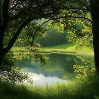 Tranquil Forest Scene with Glowing Green Leaves and Reflecting Water. photo