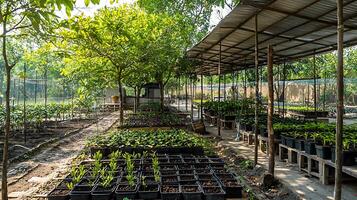 Nursery plants growing in rows under a shaded structure. photo