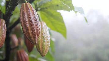Cocoa Pods Hanging on a Rainy Day, Organic Farming Essence. photo