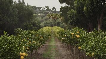 Sunny Citrus Grove Pathway Leading to Rolling Hills. photo