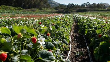 Rows of Ripe Strawberries and White Flowers at a Farm Field. photo