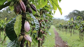 Rows of Cacao Pods Growing on Trees in a Tropical Plantation. photo