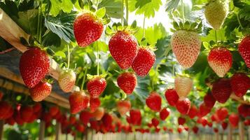 Ripe Strawberries Hanging from the Vine in a Sunny Field. photo