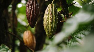 Ripening Cacao Pods on a Tree Branch with Lush Green Foliage. photo