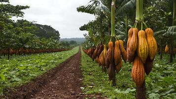 Rows of Ripe Cacao Pods Growing on Trees in a Lush Tropical Plantation. photo