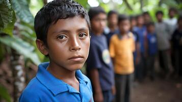 Young boy in rural community looks to the camera with hope and determination. photo
