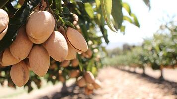 Ripe Almonds Hanging on a Tree Branch in an Orchard Under Sunlight. photo