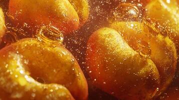 Ripe Peaches Soaked in Golden Syrup with Sparkling Drops. photo