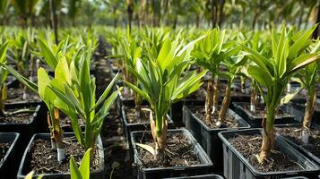Rows of green plants in nursery pots, ready for growth. photo