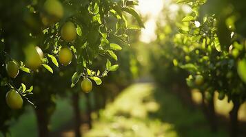 Ripe Lemons Hanging on a Branch Bathed in Golden Sunlight. photo