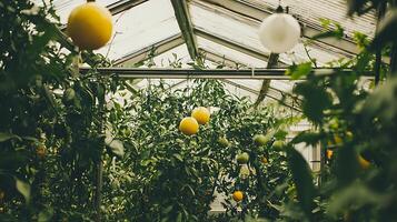 Lush Citrus Grove Inside a Sunlit Greenhouse Filled with Oranges. photo