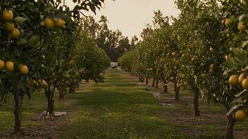 Golden Hour Glow Over Lush Orange Grove Rows. photo