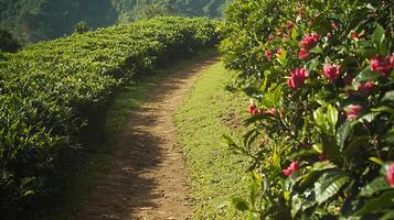 Scenic Dirt Path Through Lush Greenery and Blooming Red Flowers. photo