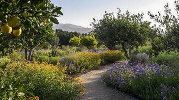Sunlit Garden Path Lined with Vibrant Yellow and Purple Flowers and Lemon Trees. photo