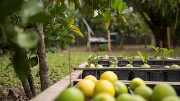 Growing Citrus Fruits in Outdoor Seedling Trays with Lush Greenery. photo