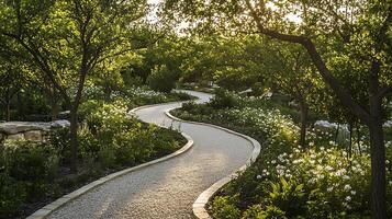 Serene Garden Path Bathed in Golden Hour Sunlight. photo