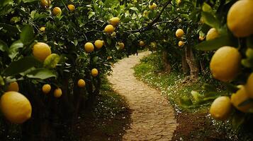Path through a sunlit lemon grove with ripe fruit abundant. photo