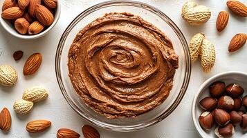 Creamy Nut Butter Swirls with Whole Nuts and Peanuts. photo