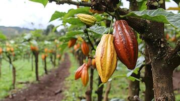 Ripe Cacao Pods on a Branch at a Cocoa Plantation. photo