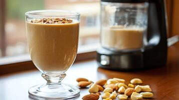 Healthy Almond Smoothie Topped with Chopped Nuts by the Window. photo